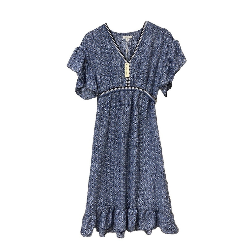Max Studio Dress Blue Printed‎ Short Sleeve V Neck Midi Tie Waist Women's S NWT